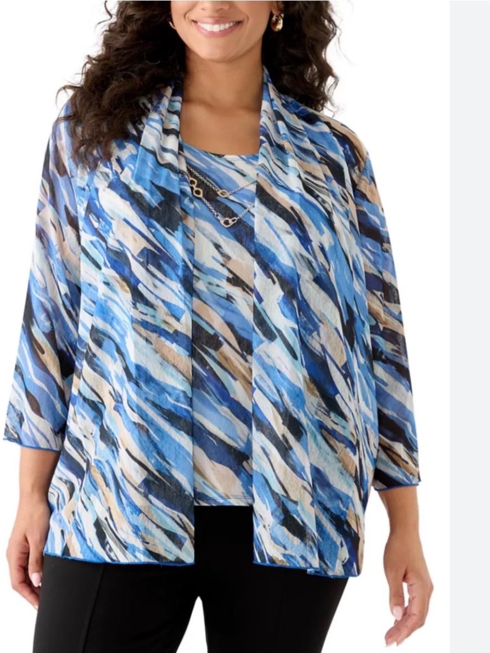 Alfred Dunner Blue Tan Black White Wave Cardigan & Cami Set